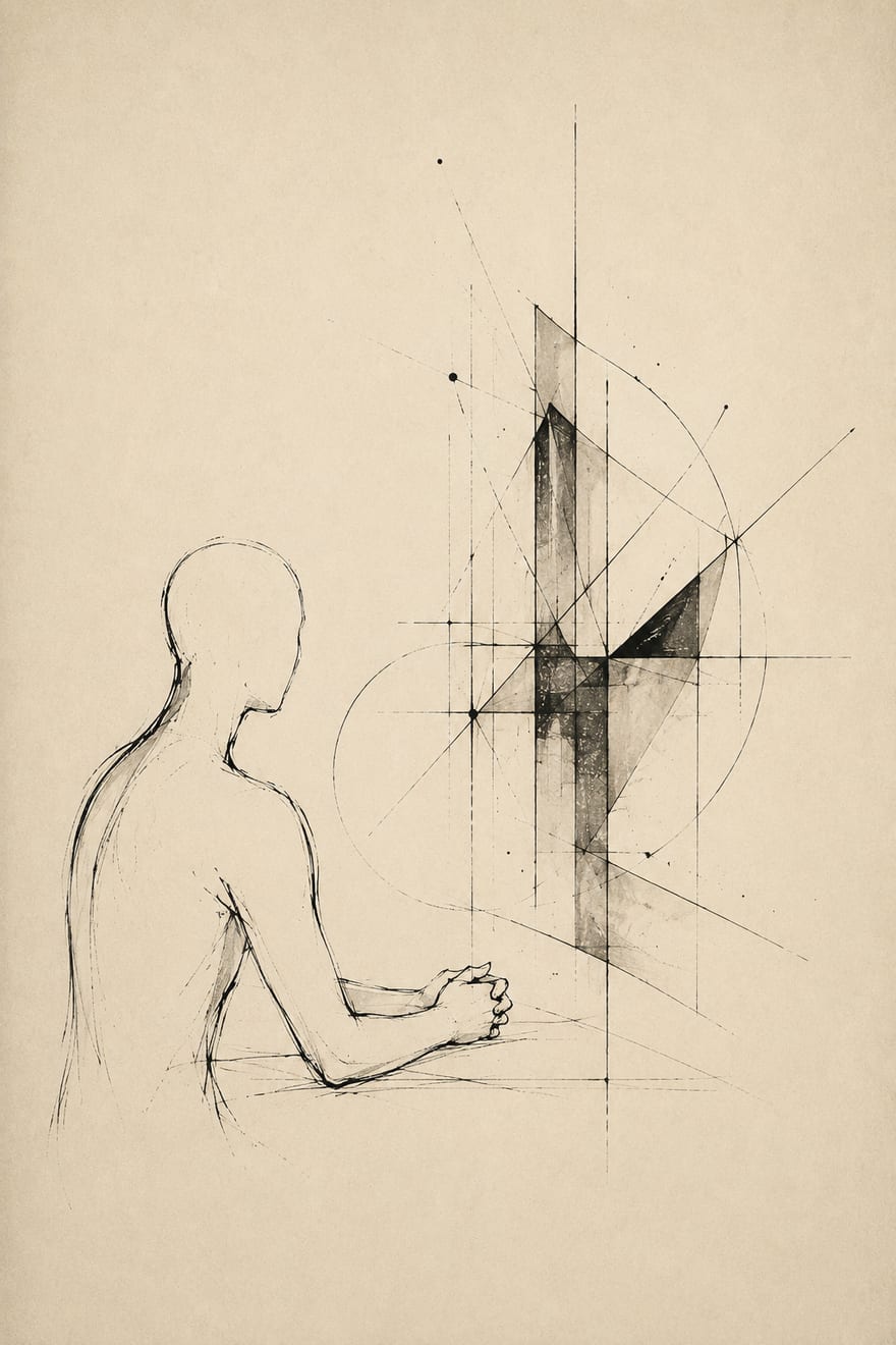 A seated figure at a worktable beside a geometric construction — building with the system, not turning it loose.
